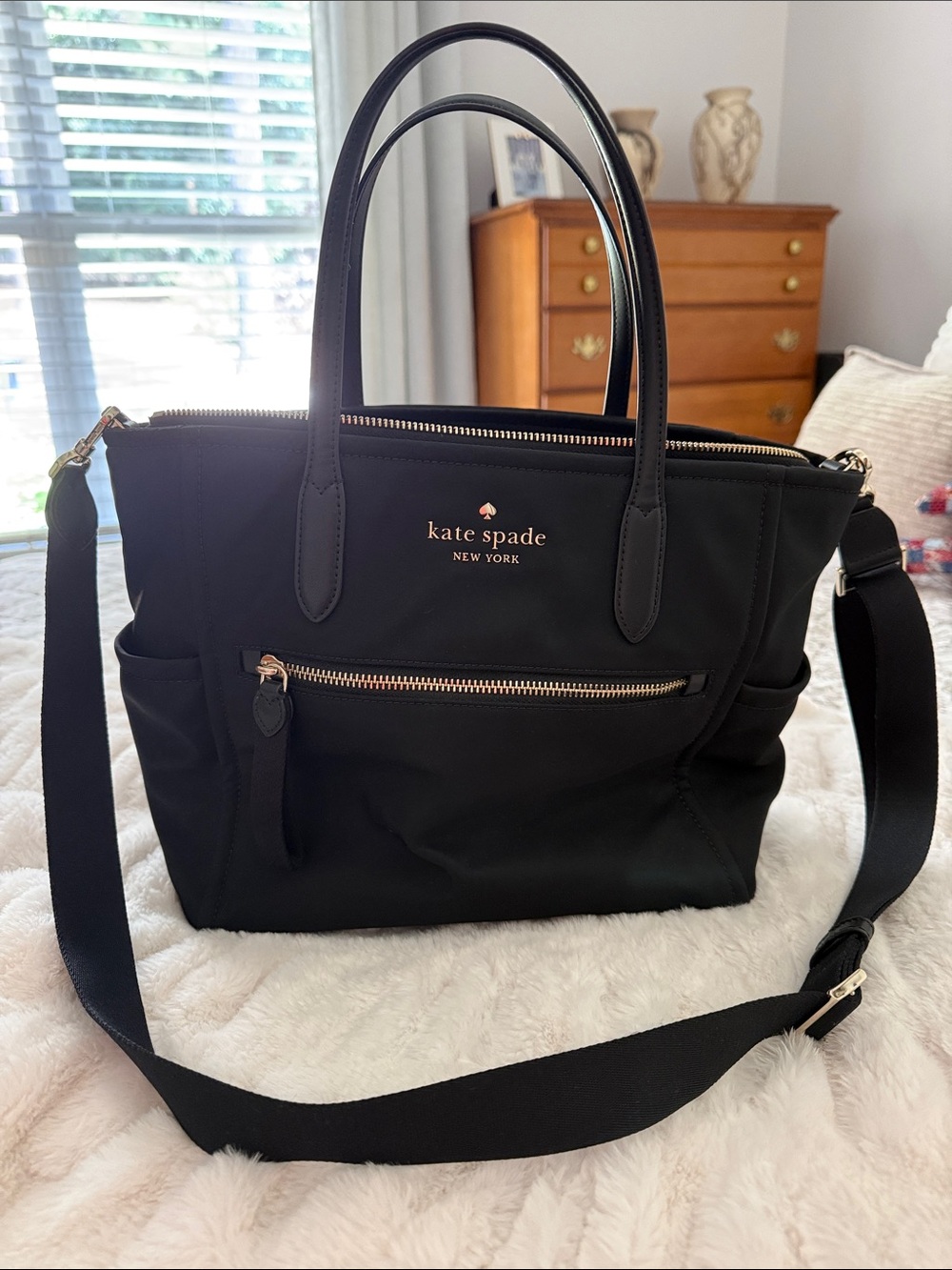 kate spade Black Nylon Tote with Gold Hardware and Crossbody Strap